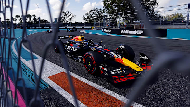 May 4, 2024; Miami Gardens, Florida, USA; Red Bull Racing driver Max Verstappen (1) during F1 qualifying for Miami Grand Prix at Miami International Autodrome. Mandatory Credit: Peter Casey-Imagn Images