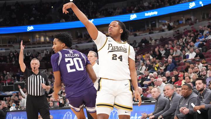Purdue Boilermakers guard Gicarri Harris (24) watches his three-point basket.