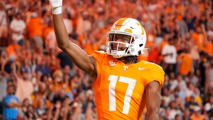 Tennessee wide receiver Chris Brazzell II (17) waves to the crowd after scoring a touchdown during the NCAA college football game against Kent State on Saturday, Sept. 14, 2024 in Knoxville, Tenn. Tennessee wide receiver Chris Brazzell II (17) waves to the crowd after scoring a touchdown during the NCAA college football game against Kent State on Saturday, Sept. 14, 2024 in Knoxville, Tenn.