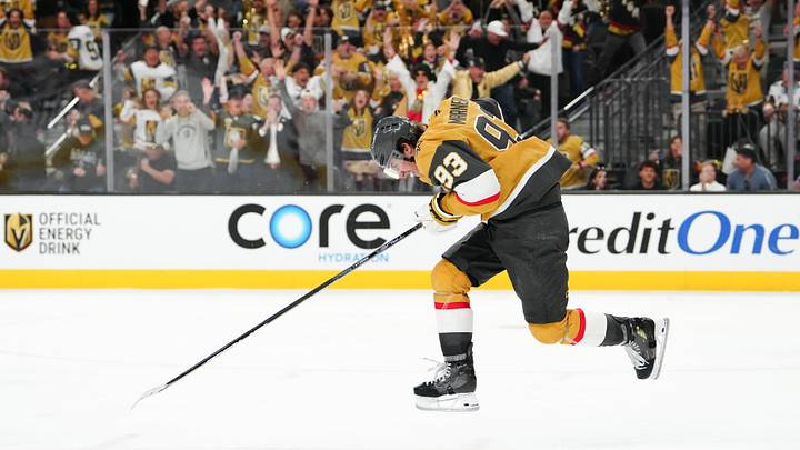 Jun 6, 2026; Las Vegas, Nevada, USA; Vegas Golden Knights right wing Mitch Marner (93) celebrates after a goal by defenseman Shea Theodore (not pictured) against the Carolina Hurricanes during the second overtime in game three of the 2026 Stanley Cup Final at T-Mobile Arena. Mandatory Credit: Stephen R. Sylvanie-Imagn Images
