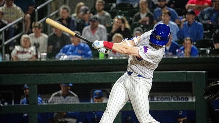 Iowa Cubs' Owen Caissie (17) swings at the ball on Friday, March 28, 2025, at Principal Park in Des Moines.