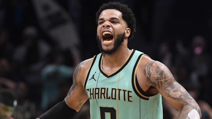 Dec 30, 2024; Charlotte, North Carolina, USA; Charlotte Hornets forward Miles Bridges (0) reacts after scoring during the second half against the Chicago Bulls at the Spectrum Center. Mandatory Credit: Sam Sharpe-Imagn Images Dec 30, 2024; Charlotte, North Carolina, USA; Charlotte Hornets forward Miles Bridges (0) reacts after scoring during the second half against the Chicago Bulls at the Spectrum Center. Mandatory Credit: Sam Sharpe-Imagn Images
