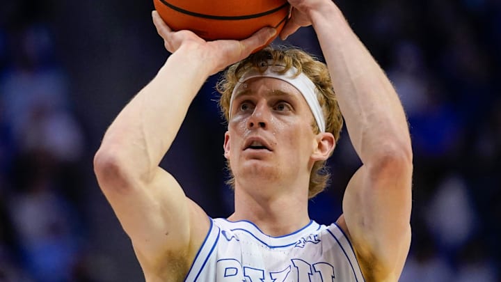 Feb 7, 2026; Provo, Utah, USA; BYU Cougars guard Richie Saunders (15) takes a free throw during the first half  against the Houston Cougars at Marriott Center. Mandatory Credit: Aaron Baker-Imagn Images