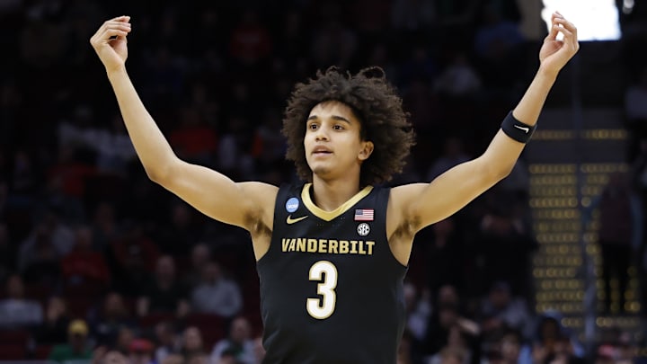 Mar 21, 2025; Cleveland, OH, USA; Vanderbilt Commodores guard Tyler Tanner (3) reacts in the second half against the St. Mary's Gaels at Rocket Arena. Mandatory Credit: Rick Osentoski-Imagn Images