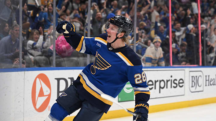 Apr 13, 2026; St. Louis, Missouri, USA; St. Louis Blues center Otto Stenberg (28) celebrates after scoring against the Minnesota Wild in the second period at Enterprise Center. Mandatory Credit: Joe Puetz-Imagn Images