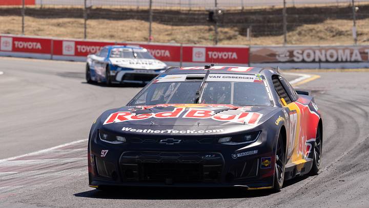 Jun 28, 2026; Sonoma, California, USA;  Trackhouse Racing driver Shane Van Gisbergen (97) races in the NASCAR Toyota / Save Mart 350 series race at Sonoma Raceway.