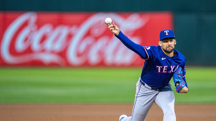 Sep 24, 2024; Oakland, California, USA; Texas Rangers starting pitcher Nathan Eovaldi (17) delivers a pitch against the Oakland Athletics during the first inning at Oakland-Alameda County Coliseum. Mandatory Credit: Neville E. Guard-Imagn Images