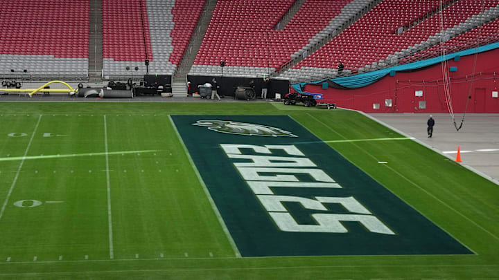 Feb 7, 2023; Phoenix, AZ, USA; The Philadelphia Eagles logo in the end zone prior to Super Bowl 57 at State Farm Stadium. Mandatory Credit: Kirby Lee-Imagn Images