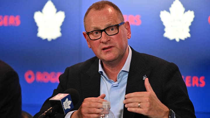 Jun 1, 2023; Toronto, Ontario, CANADA; Toronto Maple Leafs new general manager Brad Treliving 