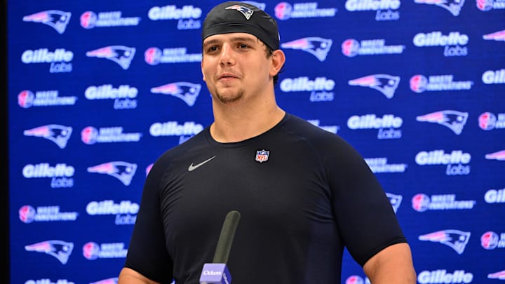 New England Patriots offensive tackle Will Campbell (66) speaks to the media after rookie camp at Gillette Stadium.