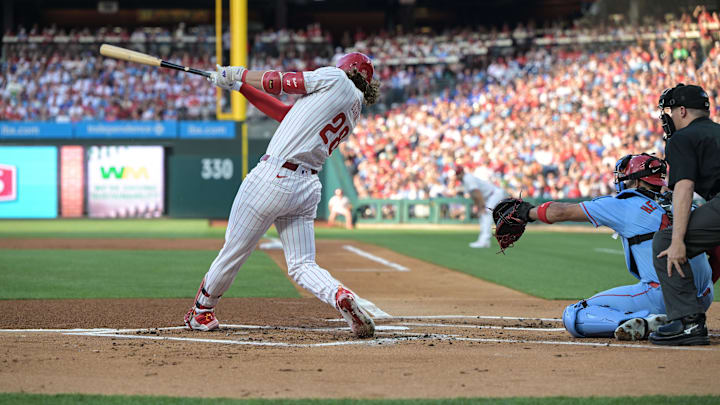 Jun 1, 2024; Philadelphia, Pennsylvania, USA;  Philadelphia Phillies third base Alec Bohm (28) hits a two-run double in the first inning against the St. Louis Cardinals at Citizens Bank Park. Mandatory Credit: John Geliebter-USA TODAY Sports
