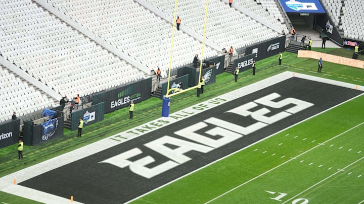 Sep 6, 2024; Sao Paulo, Brazil; The Philadelphia Eagles logo in the end zone at the 2024 NFL Sao Paolo Game at Neo Quimica Arena. Mandatory Credit: Kirby Lee-Imagn Images