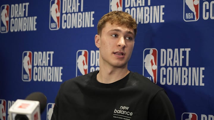 May 14, 2025; Chicago, Il, USA; Cooper Flagg talks to the media during the 2025 NBA Draft Combine at Marriott Marquis Chicago. Mandatory Credit: David Banks-Imagn Images May 14, 2025; Chicago, Il, USA; Cooper Flagg talks to the media during the 2025 NBA Draft Combine at Marriott Marquis Chicago. Mandatory Credit: David Banks-Imagn Images