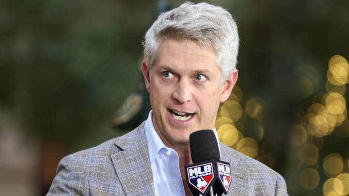 Dec 10, 2024; Dallas, TX, USA; Baltimore Orioles executive vice president and general manager Mike Elias talks on the set of MLB Network at the Hilton Anatole during the 2024 MLB Winter Meetings