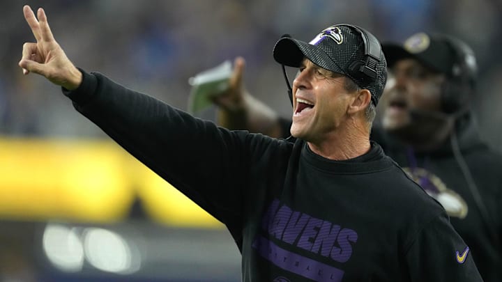 Nov 25, 2024; Inglewood, California, USA; Baltimore Ravens coach John Harbaugh reacts against the Los Angeles Chargers in the second half at SoFi Stadium. Mandatory Credit: Kirby Lee-Imagn Images