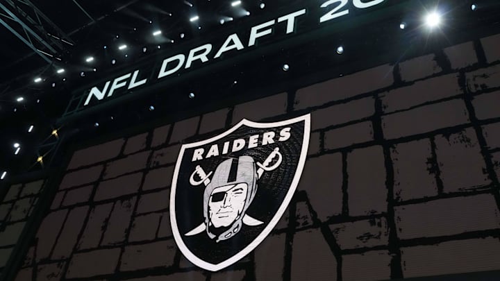 Apr 24, 2025; Green Bay, WI, USA; The Las Vegas Raiders logo is projected on the video board during the NFL Draft at Lambeau Field. Mandatory Credit: Kirby Lee-Imagn Images
