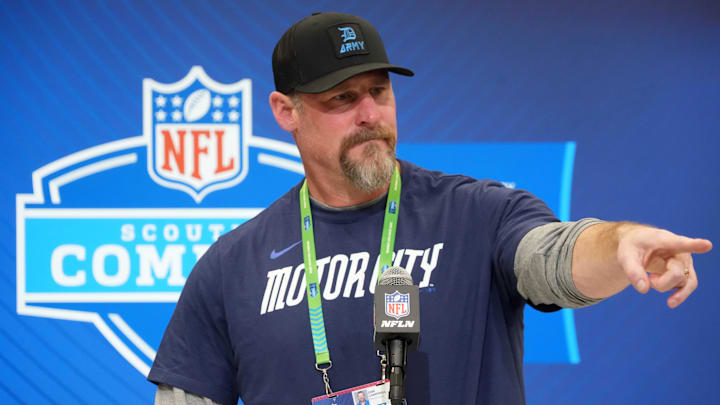 Feb 25, 2025; Indianapolis, IN, USA; Detroit Lions coach Dan Campbell speaks during the NFL Scouting Combine at the Indiana Convention Center. 