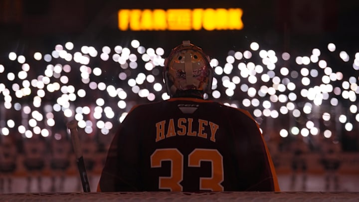 Oct 4, 2025; Tempe, AZ, USA; Arizona State Sun Devils goalie Connor Hasley (33) looks on before the first period against the Penn State Nittany Lions at Mullett Arena. Mandatory Credit: Joe Camporeale-Imagn Images Oct 4, 2025; Tempe, AZ, USA; Arizona State Sun Devils goalie Connor Hasley (33) looks on before the first period against the Penn State Nittany Lions at Mullett Arena. Mandatory Credit: Joe Camporeale-Imagn Images