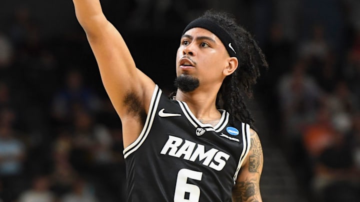 VCU Rams guard Terrence Hill Jr. (6) reacts after scoring Saturday, March 21, 2026, during the NCAA Men’s Basketball Tournament second round game against the Illinois Fighting Illini at Bon Secours Wellness Arena in Greenville, South Carolina.
