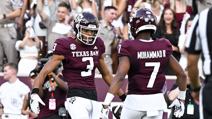 Sep 2, 2023; College Station, Texas, USA; Texas A&M Aggies wide receiver Noah Thomas (3) celebrates his touchdown in the first quarter with teammate wide receiver Moose Muhammad III (7) against the New Mexico Lobos at Kyle Field. Mandatory Credit: Maria Lysaker-USA TODAY Sports