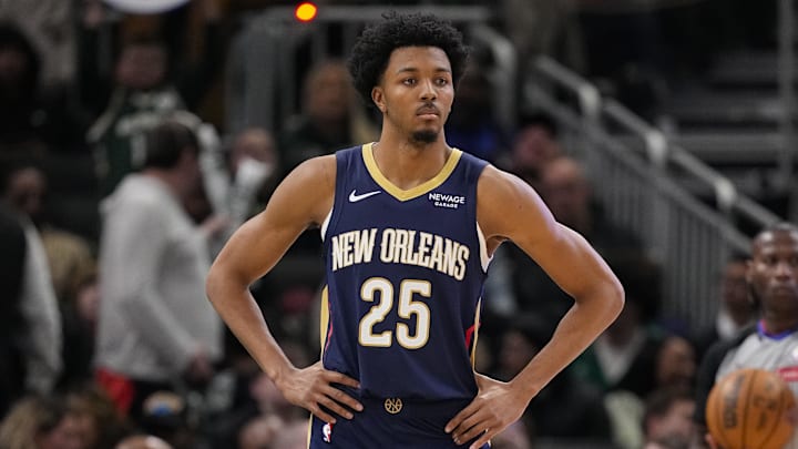 Feb 4, 2026; Milwaukee, Wisconsin, USA;  New Orleans Pelicans forward Trey Murphy III (25) during the game against the Milwaukee Bucks at Fiserv Forum. Mandatory Credit: Jeff Hanisch-Imagn Images