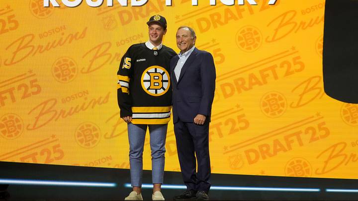 Jun 27, 2025; Los Angeles, California, USA; James Hagens is selected as the seventh overall pick to the Boston Bruins in the first round of the 2025 NHL Draft at Peacock Theater. Mandatory Credit: Kirby Lee-Imagn Images
