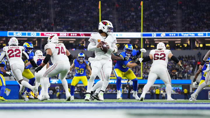 Dec 28, 2024; Inglewood, California, USA; A general overall view as Arizona Cardinals quarterback Kyler Murray (1) prepares to throw the ball against the Los Angeles Rams in the second half at SoFi Stadium. Mandatory Credit: Kirby Lee-Imagn Images