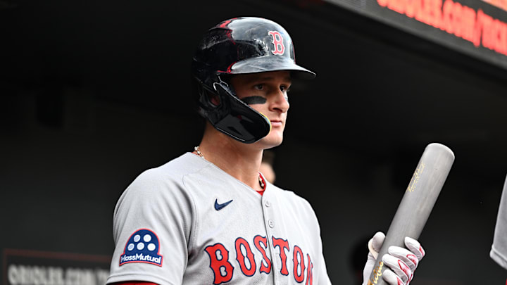 Aug 26, 2025; Baltimore, Maryland, USA; Boston Red Sox outfielder Roman Anthony (19) stands in the dugout before the game between the Baltimore Orioles and the Boston Red Sox at Oriole Park at Camden Yards. Mandatory Credit: James A. Pittman-Imagn Images