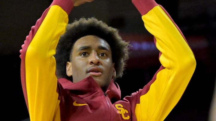 Dec 21, 2025; Los Angeles, California, USA; USC Trojans guard Alijah Arenas (0) warms up prior to the game against the UC Santa Cruz Banana Slugs at Galen Center. Mandatory Credit: Jayne Kamin-Oncea-Imagn Images