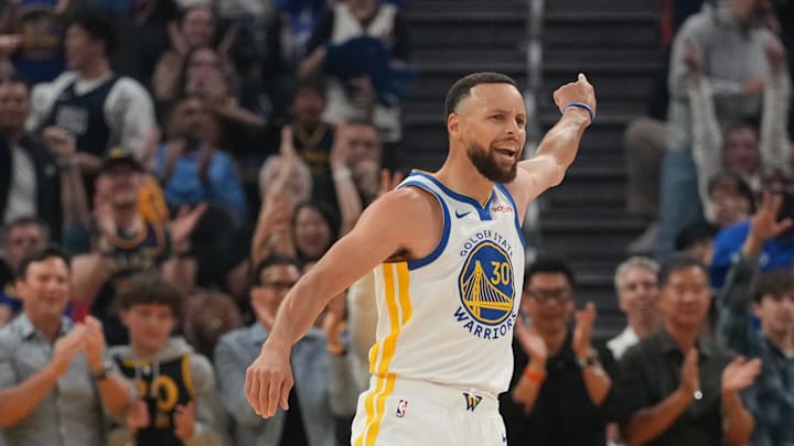 Apr 5, 2026; San Francisco, California, USA; Golden State Warriors guard Stephen Curry (30) reacts after making a three point basket against the Houston Rockets in the first quarter at the Chase Center. Mandatory Credit: Cary Edmondson-Imagn Images