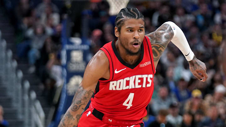 Apr 6, 2025; San Francisco, California, USA; Houston Rockets guard Jalen Green (4) drives to the hoop against the Golden State Warriors in the third quarter at the Chase Center. Mandatory Credit: Cary Edmondson-Imagn Images