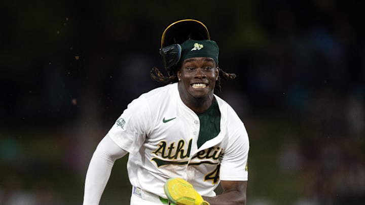Jun 6, 2025; West Sacramento, California, USA; Athletics right fielder Lawrence Butler (4) heads for home on an RBI single by Brent Rooker against the Baltimore Orioles during the fifth inning at Sutter Health Park. Mandatory Credit: D. Ross Cameron-Imagn Images