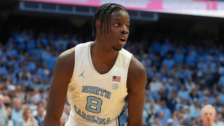 Feb 7, 2026; Chapel Hill, North Carolina, USA; North Carolina Tar Heels forward Caleb Wilson (8) with the ball in the second half at Dean E. Smith Center. Mandatory Credit: Bob Donnan-Imagn Images