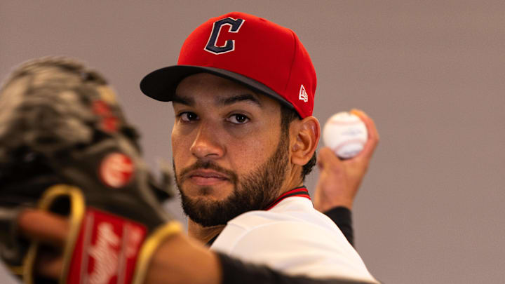 Feb 19, 2026; Goodyear, AZ, USA; Cleveland Guardians pitcher Daniel Espino (66) during media day in Goodyear. Mandatory Credit: Arianna Grainey-Imagn Images Feb 19, 2026; Goodyear, AZ, USA; Cleveland Guardians pitcher Daniel Espino (66) during media day in Goodyear. Mandatory Credit: Arianna Grainey-Imagn Images
