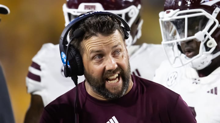 Sep 7, 2024; Tempe, Arizona, USA; Mississippi State Bulldogs defensive coordinator Coleman Hutzler against the Arizona State Sun Devils at Mountain America Stadium. Mandatory Credit: Mark J. Rebilas-Imagn Images