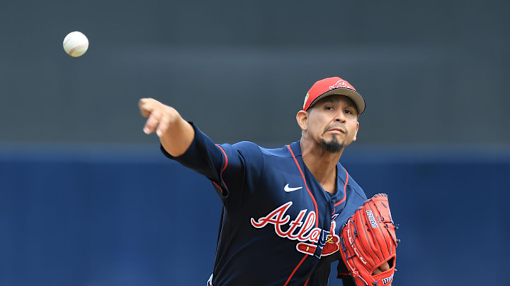 Feb 26, 2026; Tampa, Florida, USA; Atlanta Braves starting pitcher Carlos Carrasco (59) throws a pitch during the first inning against the New York Yankees at George M. Steinbrenner Field. Mandatory Credit: Kim Klement Neitzel-Imagn Images