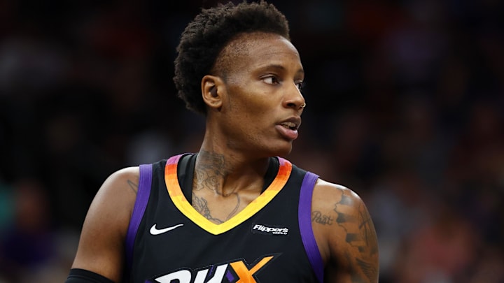 Sep 9, 2025; Phoenix, Arizona, USA; Phoenix Mercury forward Natasha Mack (4) against the Los Angeles Sparks during a WNBA game at PHX Arena. Mandatory Credit: Mark J. Rebilas-Imagn Images