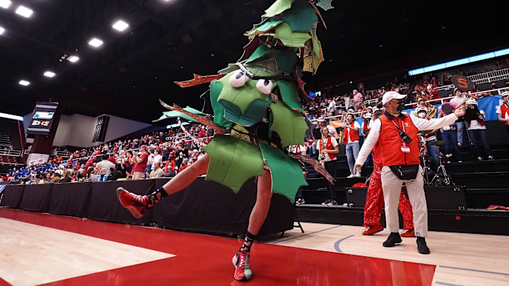 Mar 20, 2022; Stanford, California, USA; The Stanford Cardinal mascot tree dances before the game against the Kansas Jayhawks at Maples Pavilion. Mandatory Credit: Kelley L Cox-Imagn Images Mar 20, 2022; Stanford, California, USA; The Stanford Cardinal mascot tree dances before the game against the Kansas Jayhawks at Maples Pavilion. Mandatory Credit: Kelley L Cox-Imagn Images