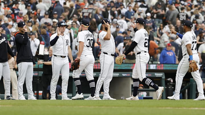 Apr 19, 2025; Detroit, Michigan, USA;  Detroit Tigers celebrate after defeating the Kansas City Royals at Comerica Park.