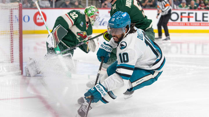 Mar 3, 2024; Saint Paul, Minnesota, USA; San Jose Sharks left wing Anthony Duclair (10) scores on