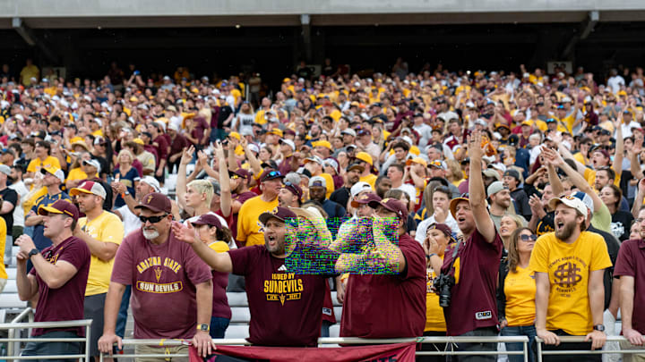 Arizona State Sun Devils celebrate a touchdown during a game against the West Virginia Mountaineers at Mountain America Stadium in Tempe on Nov. 15, 2025.