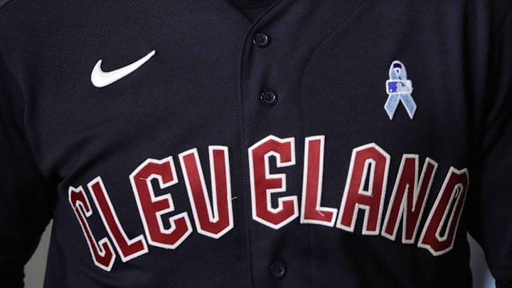 Jun 18, 2023; Phoenix, Arizona, USA; The details of a Cleveland Guardians jersey featuring a Fathers Day patch prior to the game against the Arizona Diamondbacks at Chase Field. Mandatory Credit: Joe Camporeale-Imagn Images Jun 18, 2023; Phoenix, Arizona, USA; The details of a Cleveland Guardians jersey featuring a Fathers Day patch prior to the game against the Arizona Diamondbacks at Chase Field. Mandatory Credit: Joe Camporeale-Imagn Images