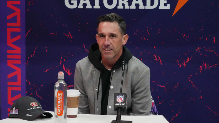 Feb 5, 2024; Las Vegas, NV, USA; San Francisco 49ers head coach Kyle Shanahan speaks during Super Bowl LVIII Opening Night at Allegiant Stadium. Mandatory Credit: Kirby Lee-USA TODAY Sports Feb 5, 2024; Las Vegas, NV, USA; San Francisco 49ers head coach Kyle Shanahan speaks during Super Bowl LVIII Opening Night at Allegiant Stadium. Mandatory Credit: Kirby Lee-USA TODAY Sports