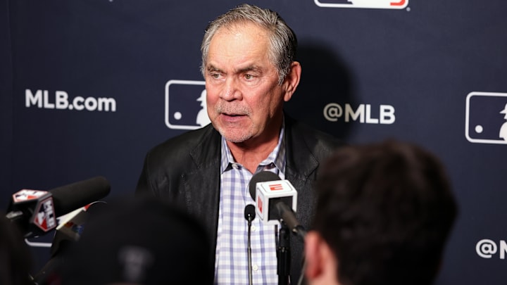 Dec 10, 2024; Dallas, TX, USA; Texas Rangers manager Bruce Bochy speaks with the media at the Hilton Anatole during the 2024 MLB Winter Meetings