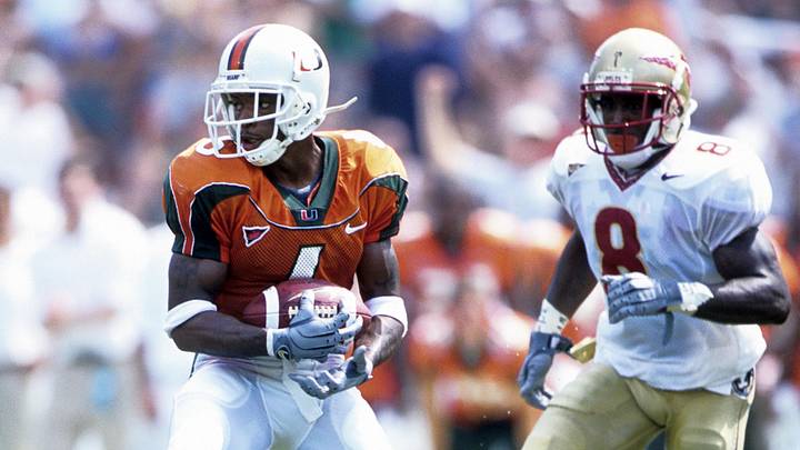 Oct 28, 2000; Miami, FL, USA; FILE PHOTO; Miami Hurricanes wide receiver Santana Moss (1) in action against the Florida State Seminoles at Sun Life Stadium. Mandatory Credit: Imagn Images 