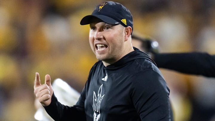 Nov 28, 2025; Tempe, Arizona, USA; Arizona State Sun Devils head coach Kenny Dillingham reacts against the Arizona Wildcats during the 99th Territorial Cup at Mountain America Stadium. Mandatory Credit: Mark J. Rebilas-Imagn Images Nov 28, 2025; Tempe, Arizona, USA; Arizona State Sun Devils head coach Kenny Dillingham reacts against the Arizona Wildcats during the 99th Territorial Cup at Mountain America Stadium. Mandatory Credit: Mark J. Rebilas-Imagn Images