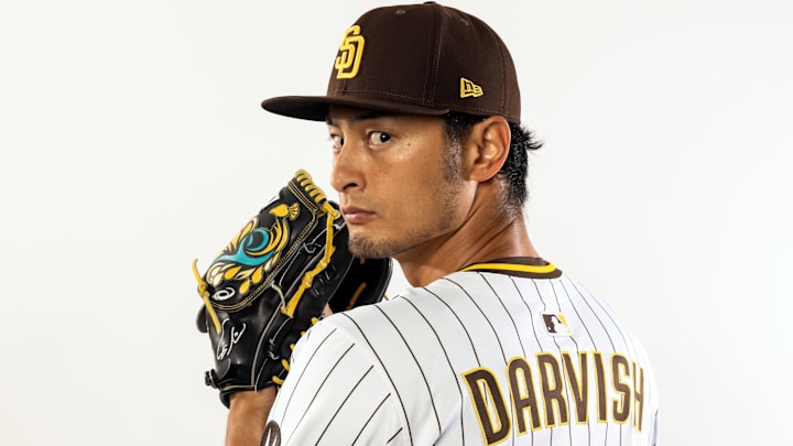 Feb 19, 2025; Peoria, AZ, USA; San Diego Padres pitcher Yu Darvish poses for a portrait during Media Day at Peoria Sports Complex. Mandatory Credit: Mark J. Rebilas-Imagn Images