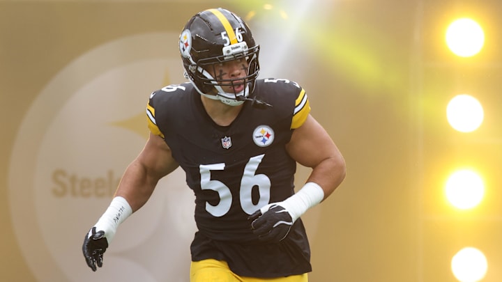 Oct 12, 2025; Pittsburgh, Pennsylvania, USA;   Pittsburgh Steelers linebacker Alex Highsmith (56) reacts as he takes the field against the Cleveland Browns at Acrisure Stadium. Mandatory Credit: Charles LeClaire-Imagn Images