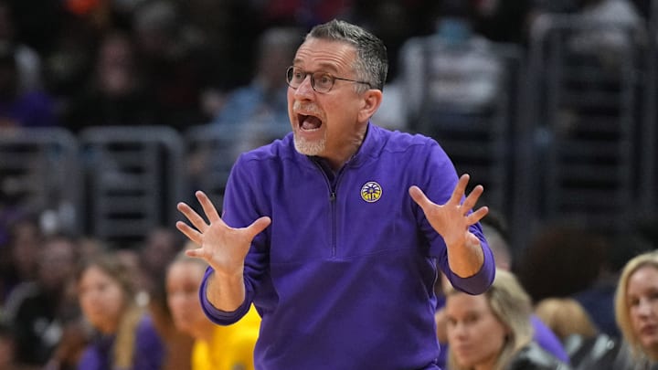 Sep 17, 2024; Los Angeles, California, USA; LA Sparks coach Curt Miller reacts in the second half against the Phoenix Mercury at Crypto.com Arena. Mandatory Credit: Kirby Lee-Imagn Images Sep 17, 2024; Los Angeles, California, USA; LA Sparks coach Curt Miller reacts in the second half against the Phoenix Mercury at Crypto.com Arena. Mandatory Credit: Kirby Lee-Imagn Images