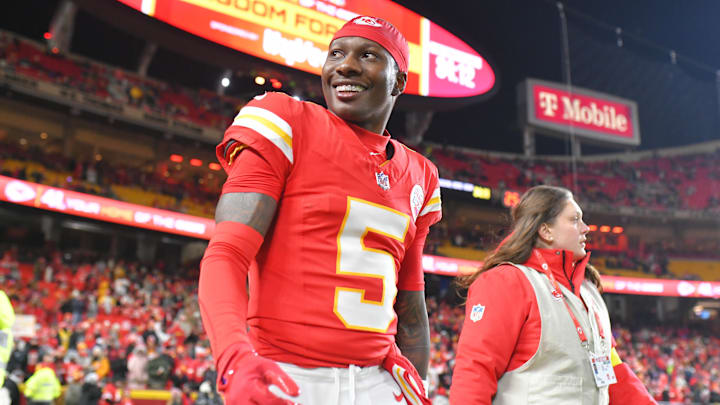 Dec 7, 2025; Kansas City, Missouri, USA; Kansas City Chiefs wide receiver Hollywood Brown (5) walks onto the field prior to the game against the Houston Texans at GEHA Field at Arrowhead Stadium. Mandatory Credit: Amy Kontras-Imagn Images